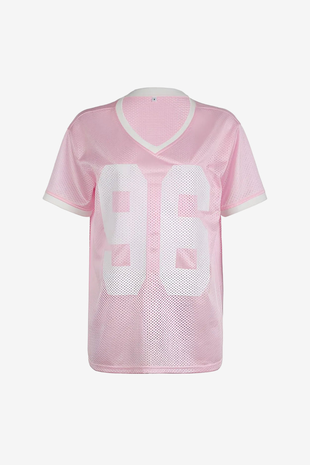 Pink sports jersey with white mesh pattern on a white background