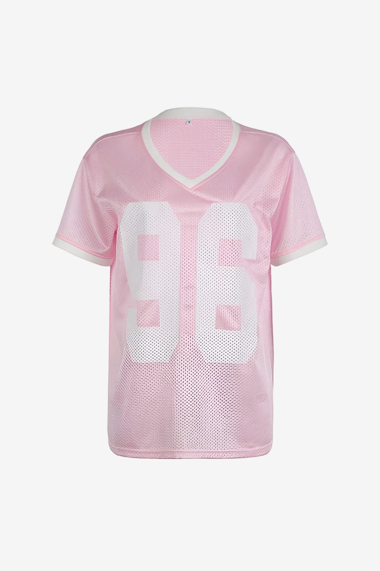 Pink sports jersey with white mesh pattern on a white background
