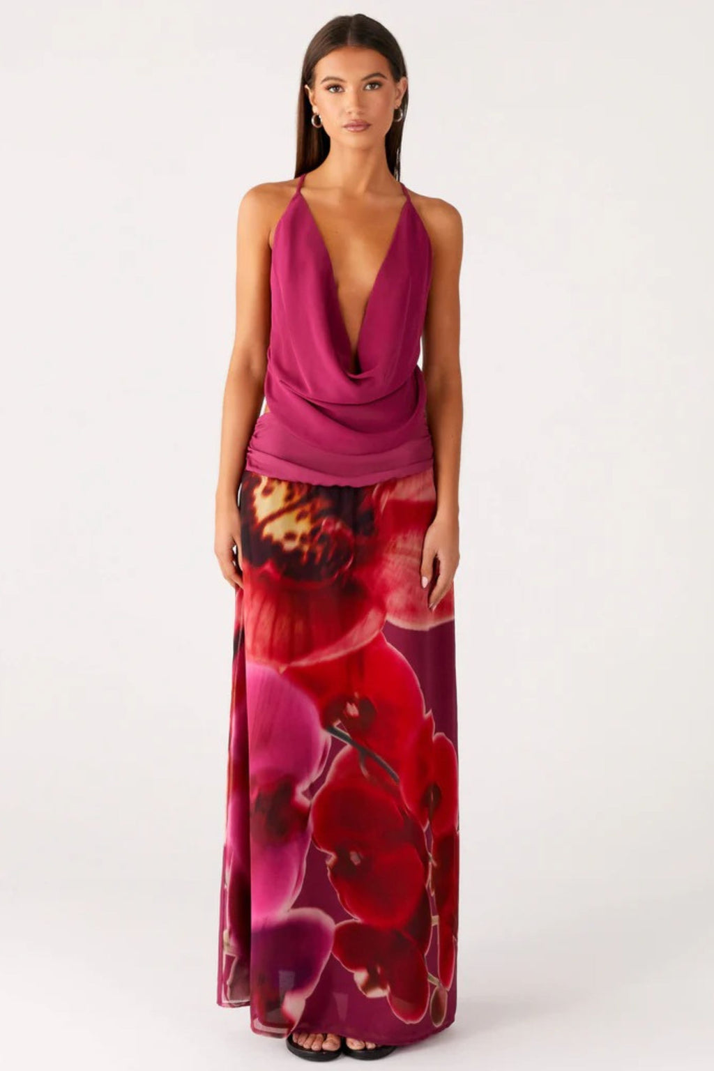 Robe longue moulante sans dos en polyester imprimé pour femme