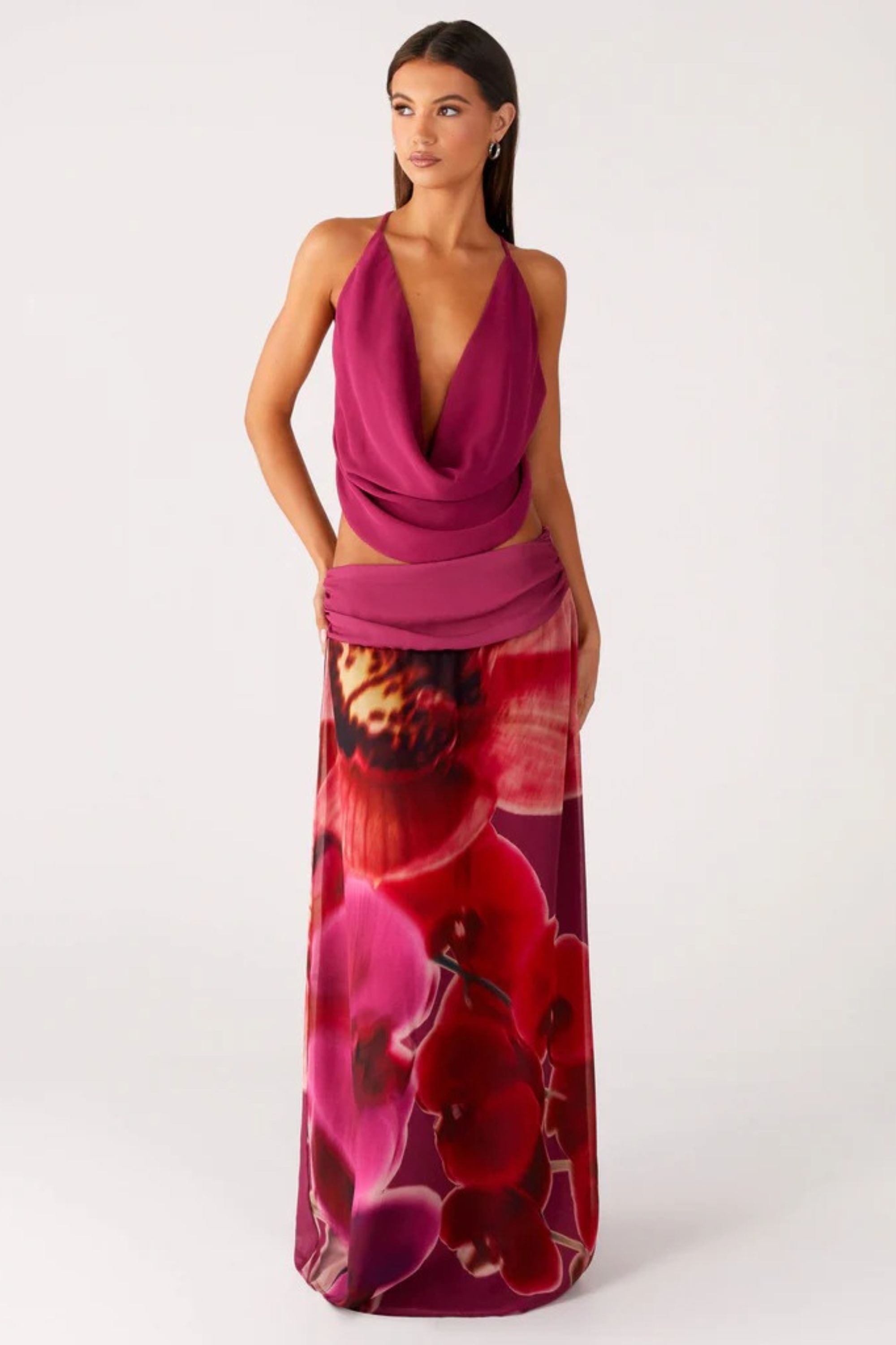 Robe longue moulante sans dos en polyester imprimé pour femme
