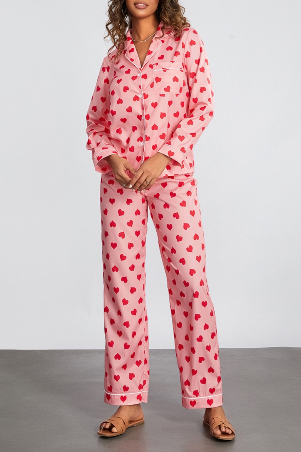 Heart Print Satin Pajama Set - Sleepwear Set | 8j03aj-k6.myshopify.com