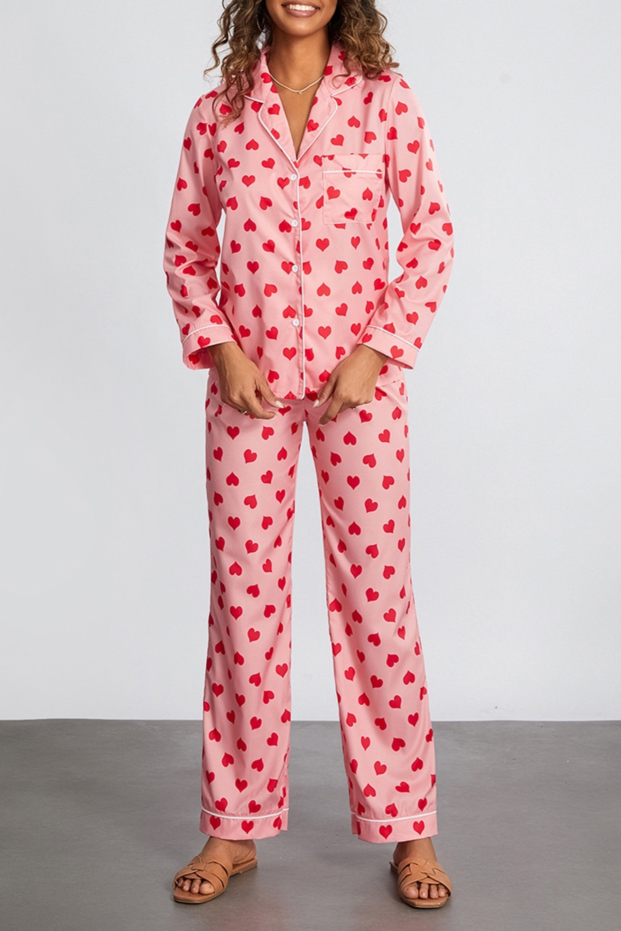 Heart Print Satin Pajama Set - Sleepwear Set | 8j03aj-k6.myshopify.com