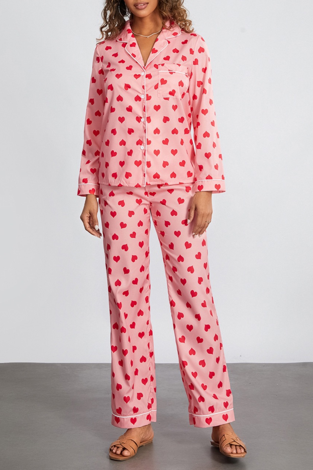 Heart Print Satin Pajama Set - Sleepwear Set | 8j03aj-k6.myshopify.com