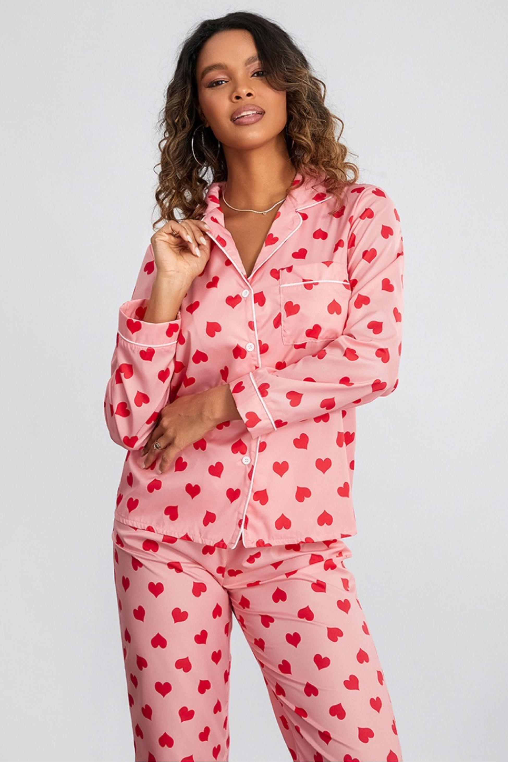 Heart Print Satin Pajama Set - Sleepwear Set | 8j03aj-k6.myshopify.com