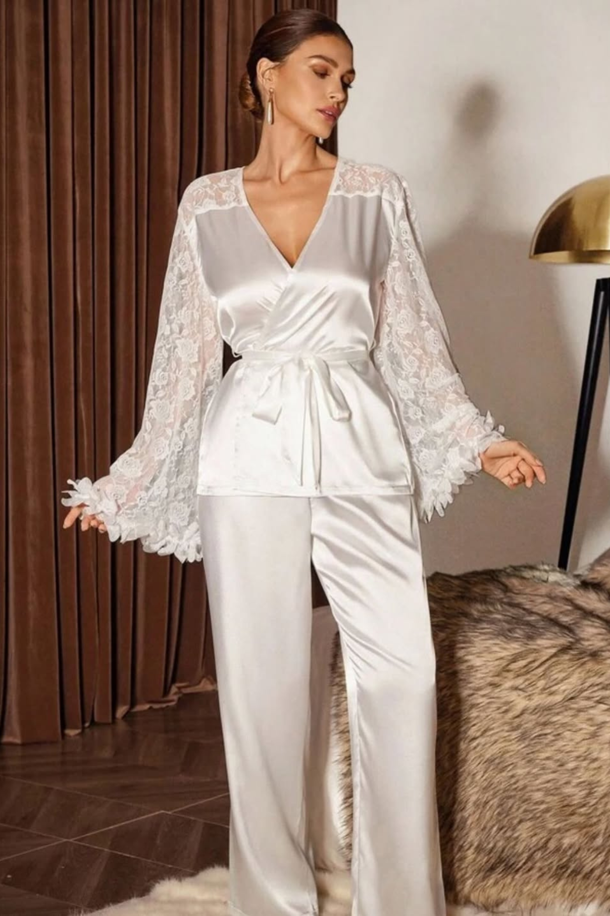 Lace Trim Plush Pajama Set - Sleepwear Set | 8j03aj-k6.myshopify.com