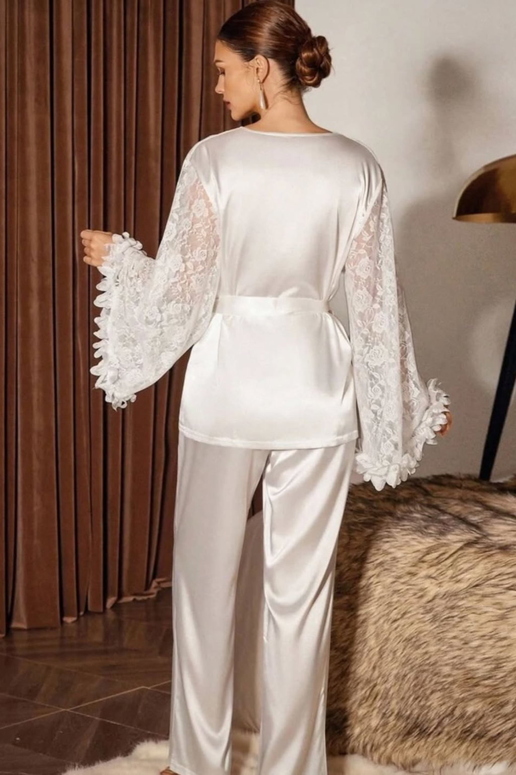 Lace Trim Plush Pajama Set - Sleepwear Set | 8j03aj-k6.myshopify.com